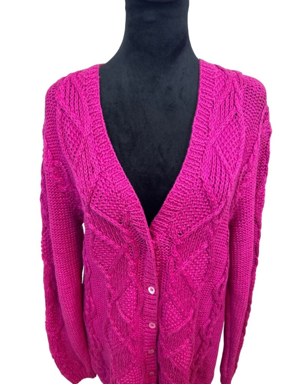 Vintage Lauren Hansen Size S Hand Knit Raspberry Pink Cable Knit Cardigan Cozy - Picture 15 of 16